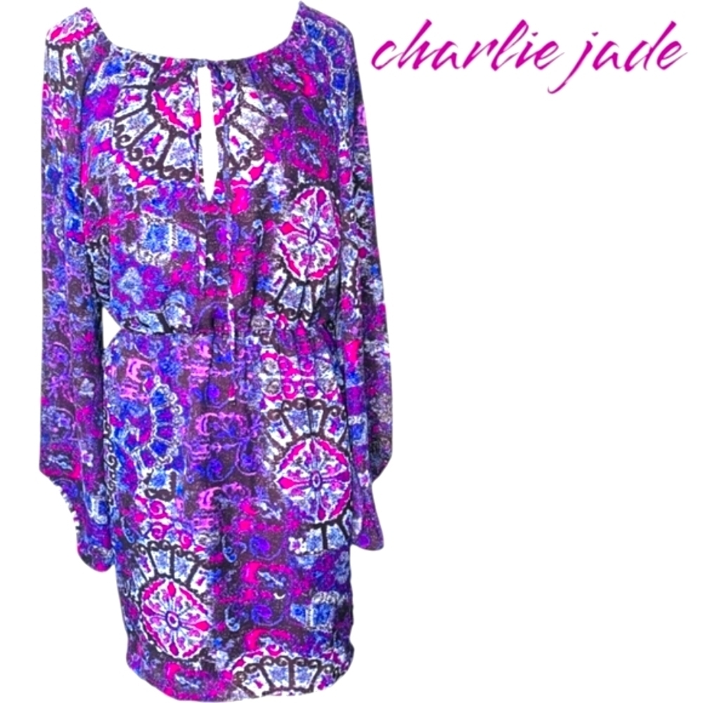 Anthropologie charlie jade Purple Print Midi Dress Front Keyhole/Tie SP